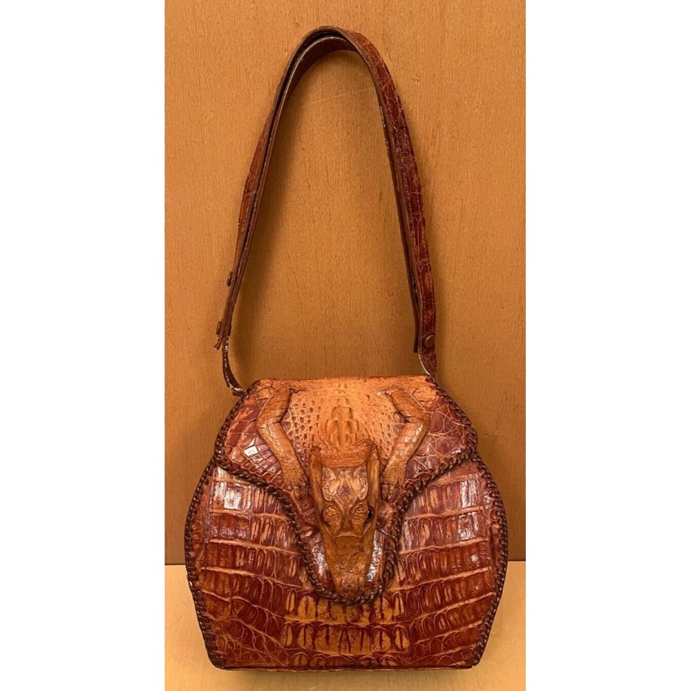 Vtg Genuine Baby Alligator Purse Head Brown Leather Handbag Taxidermy